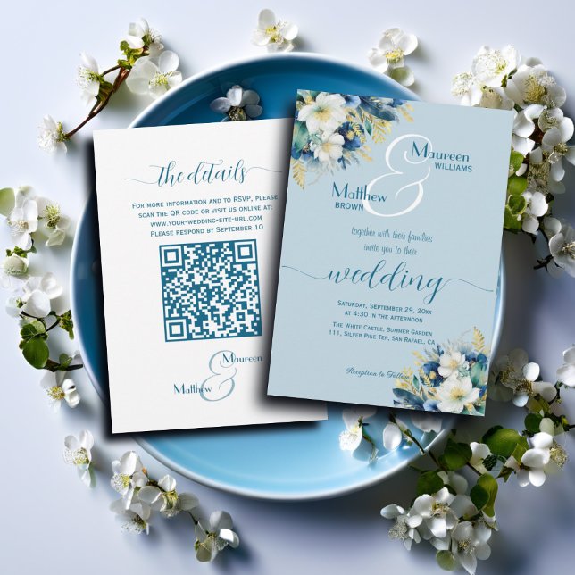 Convites Dusty Blue Glitter Floral Código QR Casamento (Criador carregado)