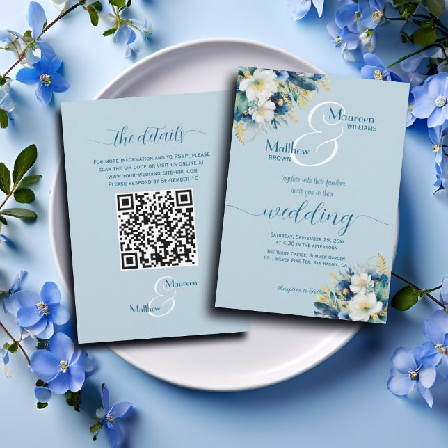 Convites Dusty Blue Glitter Floral Código QR Casamento (Criador carregado)