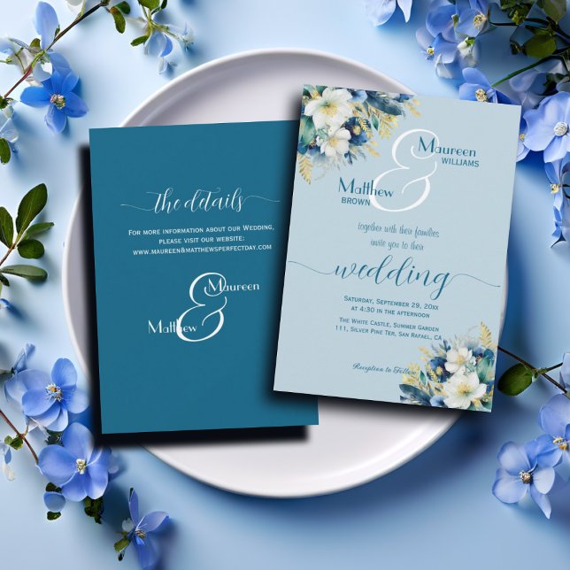 Convites Dusty Blue Glitter Floral e Detalhes Casamento (Criador carregado)