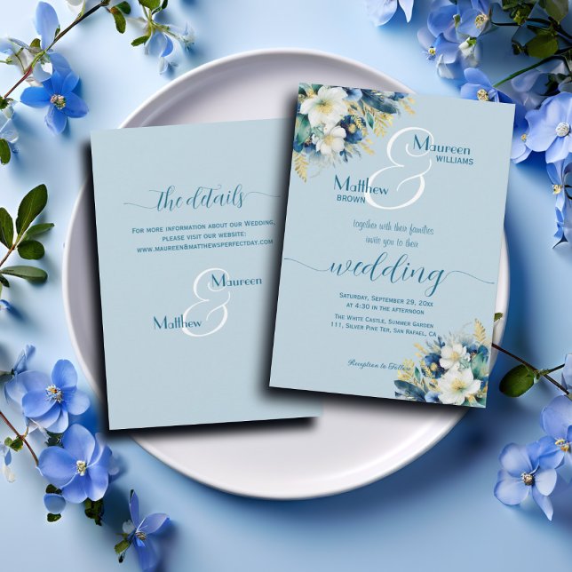 Convites Dusty Blue Glitter Floral e Detalhes Casamento (Criador carregado)