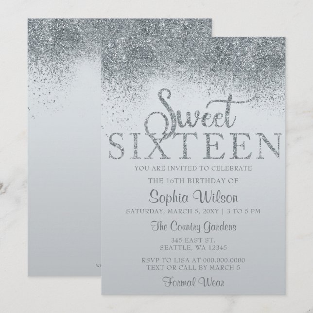 Convites Dusty Blue Glitter Sparkle Sweet 16 Aniversário (Frente/Verso)