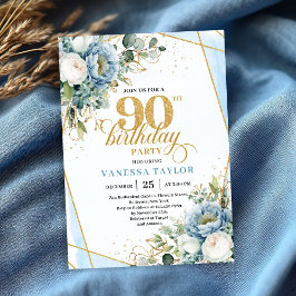 Convites Dusty blue gold botanicals frame 90th birthday 