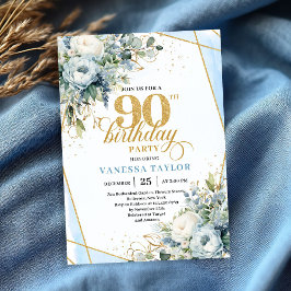 Convites Dusty blue gold elegant florals 90th birthday card