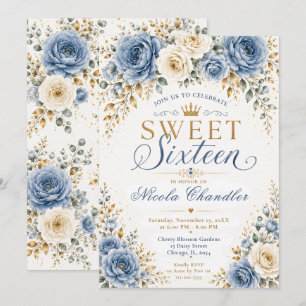 Convites Dusty Blue Gold Sweet Sixteen