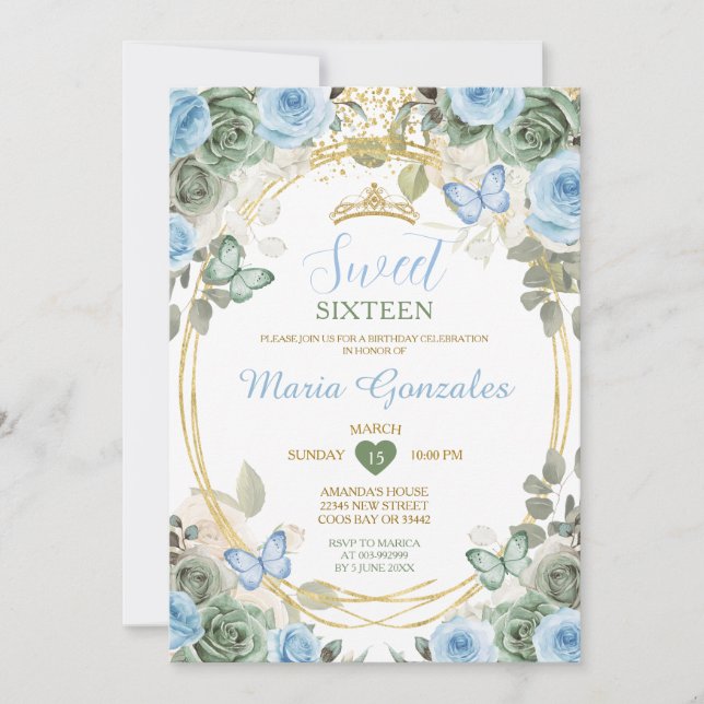 Convites Dusty Blue & Green Floral Butterfly Sweet Sixteen (Frente)