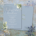 Convites Dusty Blue Greenery Bridesmaids Luncheon<br><div class="desc">Este elegante verde botânico azul e empoeirado deixa o convite para o almoço da dama de honra pode ser personalizado com as suas informações em tipografia chica com as suas iniciais de monograma no verso. Projetado por Thisnotme©</div>