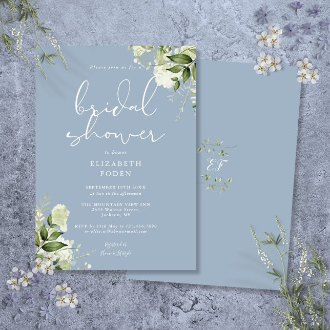 Convites Dusty Blue Greenery Chá de panela Floral (Dusty Blue Greenery Floral Bridal Shower Invitation)