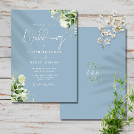 Convites Dusty Blue Greenery deixa casamento monograma