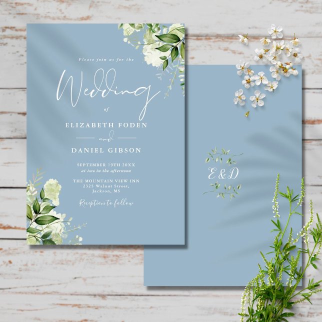 Convites Dusty Blue Greenery deixa casamento monograma (Criador carregado)
