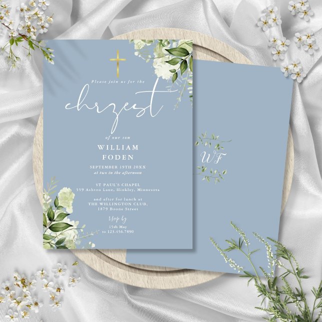 Convites Dusty Blue Greenery Floral Chrzest Batismo (Dusty Blue Greenery Floral Chrzest Baptism Invitation)