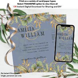 Convites Dusty Blue Greenery Impresso e Casamento Digital