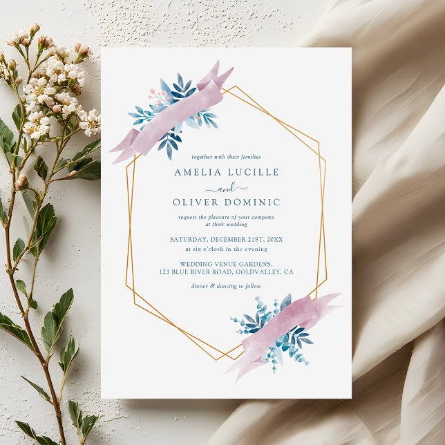 Convites Dusty Blue Greenery Modern Gold Geometric Wedding (Criador carregado)