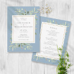 Convites Dusty Blue Greenery Quadro Dourado Tudo Em Um Casa<br><div class="desc">Apresentando delicadas folhas verdes em aquarela em um fundo azul empoeirado,  este convite de casamento botânico all-in-one pode ser personalizado com todas as suas informações especiais sobre o dia do casamento,  incluindo seu RSVP,  acomodação e detalhes adicionais. Projetado por Thisnotme©</div>
