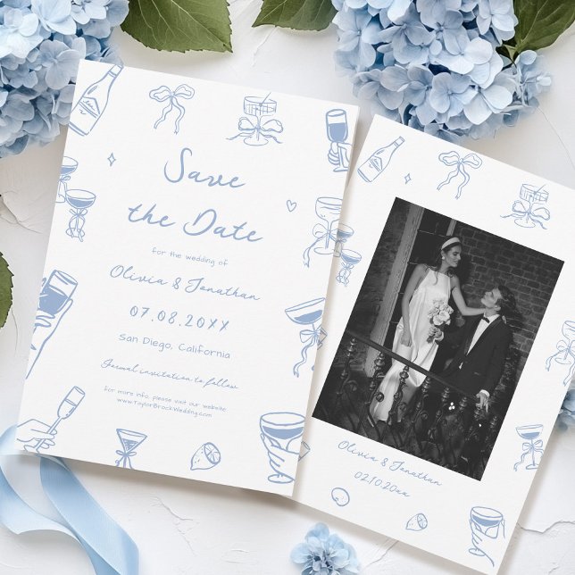 Convites Dusty Blue Hand Drawn Casamento Salve a data Foto (Criador carregado)