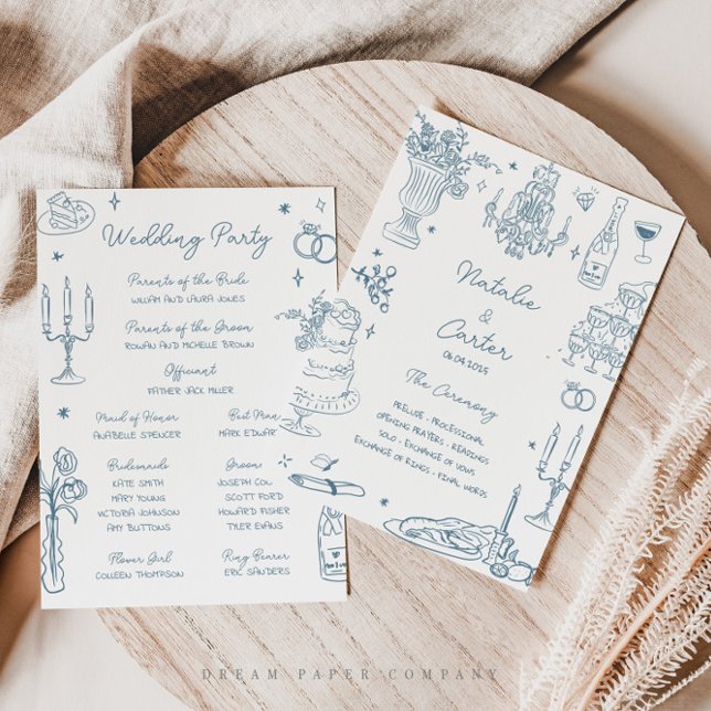 Convites Dusty Blue Hand Drawn Whimsical Weding Program (Criador carregado)