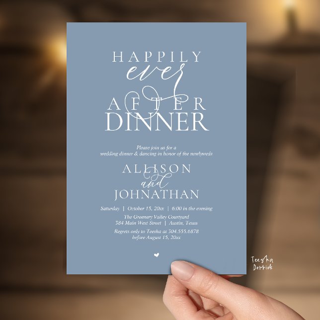 Convites Dusty Blue Happily Ever After Dinner Wedding (Dusty Blue Happily Ever After Dinner Modern Script Wedding Invitation Card)