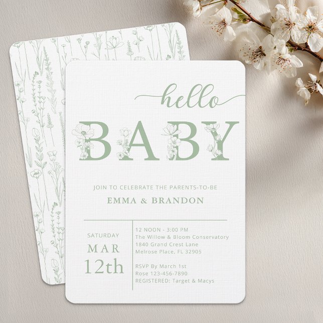 Convites Dusty Blue Hello Baby Wildflower Invitation (Sage Green Baby Shower Invite)