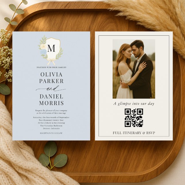 Convites Dusty Blue Hydrangea Crest Monogram Photo Wedding (Criador carregado)