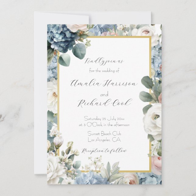 Convites Dusty Blue Hydrangea Floral Wedding  (Frente)