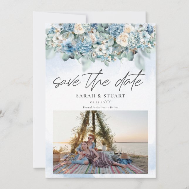 Convites Dusty Blue Hydrangea Fotografia Código QR Salvar D (Frente)