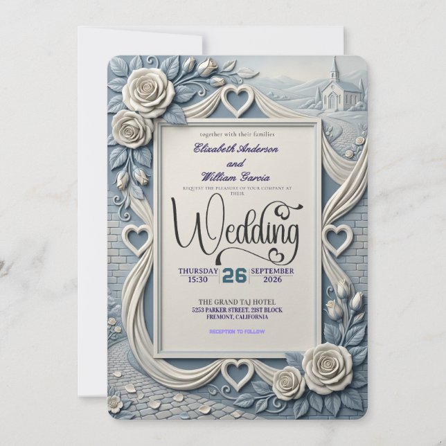 Convites Dusty Blue Indigo Romantic Church Wedding (Frente)