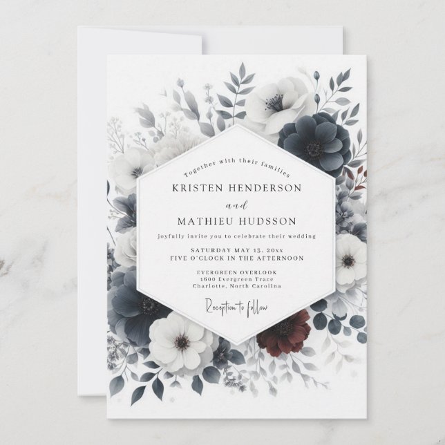 Convites Dusty Blue Ink Wash Floral Wedding (Frente)