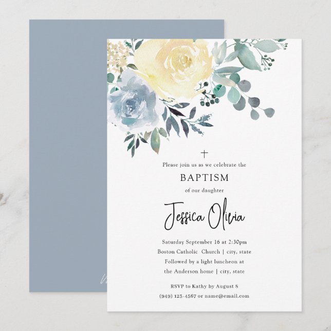 Convites Dusty Blue Ivory Floral Baptism (Frente/Verso)