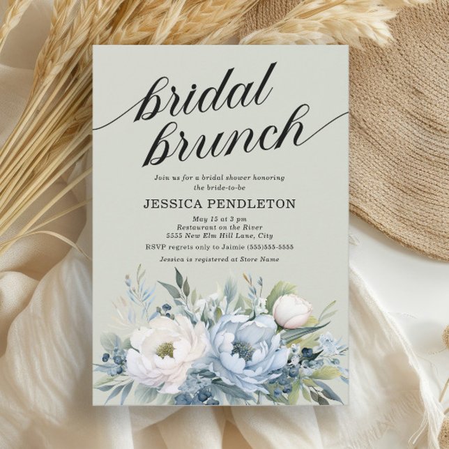 Convites Dusty Blue Ivory Floral Sage Green Bridal Brunch (Dusty blue and white watercolor floral bridal brunch/shower invitation)