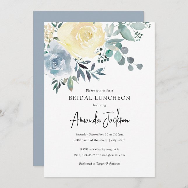 Convites Dusty Blue Ivory Floral Verde Bridal Luncheon (Frente/Verso)