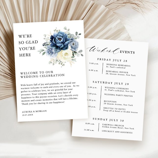 Convites Dusty Blue Ivory Floral Weekend Programa de Evento (Dusty Blue Ivory Floral Weekend Events Budget  Wedding Program card)