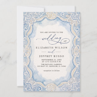 Convites Dusty Blue Ivory Old Money Lace QR Code Wedding