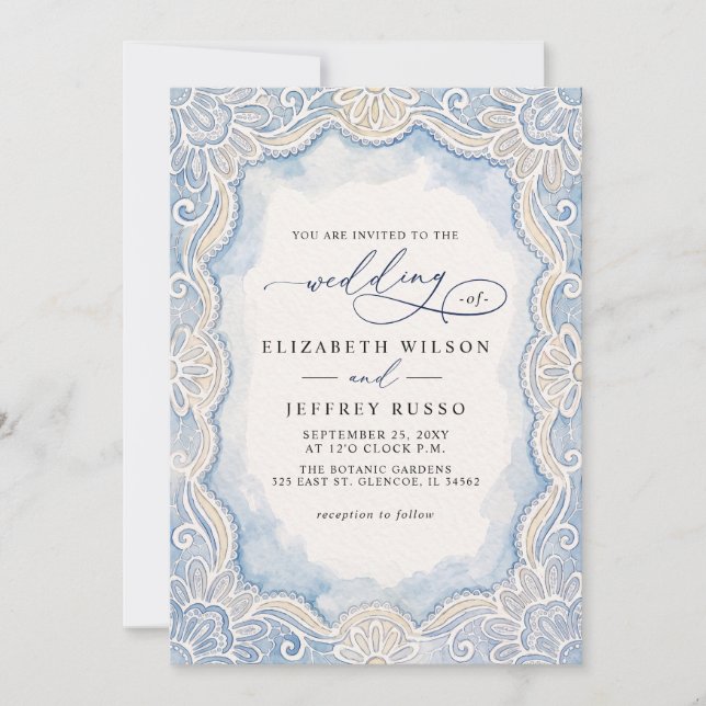 Convites Dusty Blue Ivory Old Money Lace Wedding (Frente)