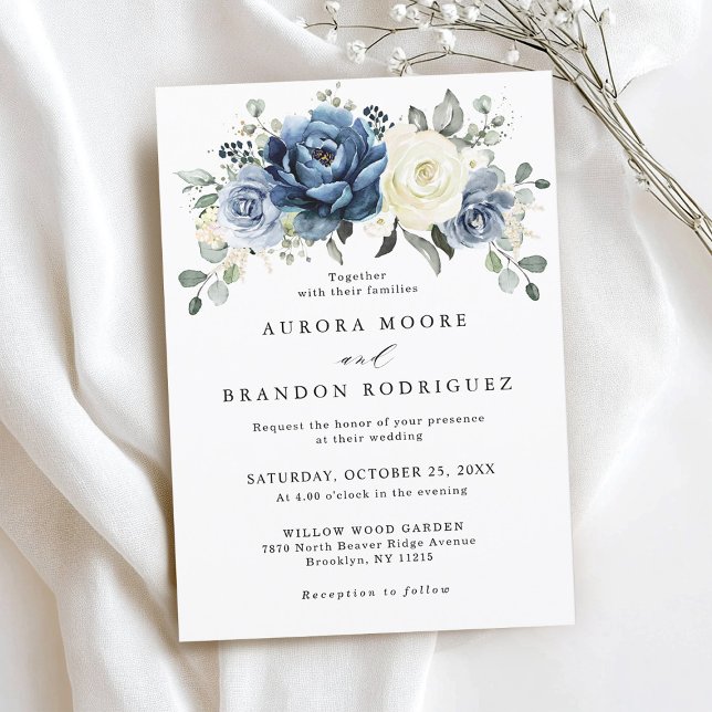 Convites Dusty Blue Ivory Primavera Floral Elegante Casamen (Dusty Blue Ivory Spring Floral Elegant Wedding Invitation)