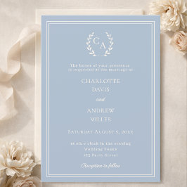 Convites Dusty blue ivory wreath monogram simple wedding