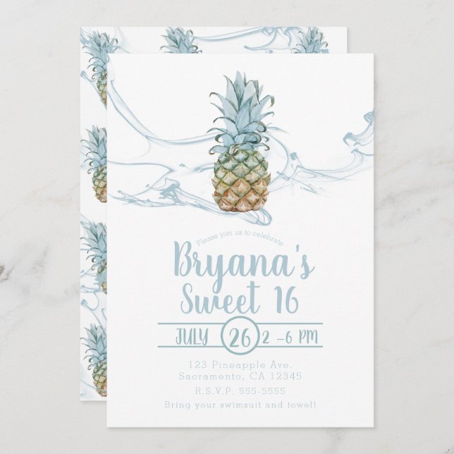 Convites Dusty Blue Juicy Pineapple Summer Sweet 16 Party (Frente/Verso)