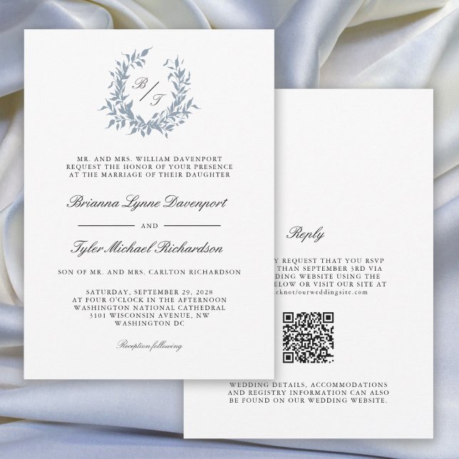 Convites Dusty Blue Leafy Crest Monograma Casamento (Available as both printed and paperless digital download!)
