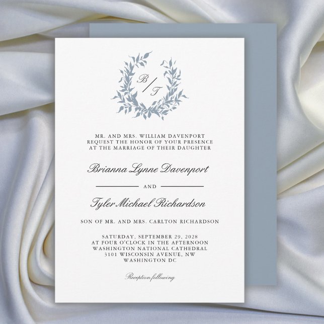 Convites Dusty Blue Leafy Crest Monograma Casamento (Available as both printed and paperless digital download!)
