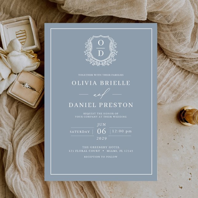 Convites Dusty Blue Leafy Crest Monograma Casamento elegant (Criador carregado)