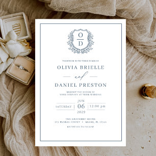 Convites Dusty Blue Leafy Crest Monograma Casamento elegant