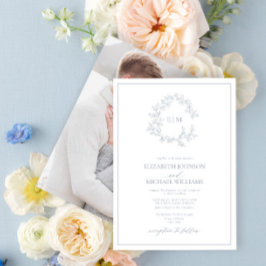 Convites Dusty Blue Leafy Crest Monograma Foto Casamento