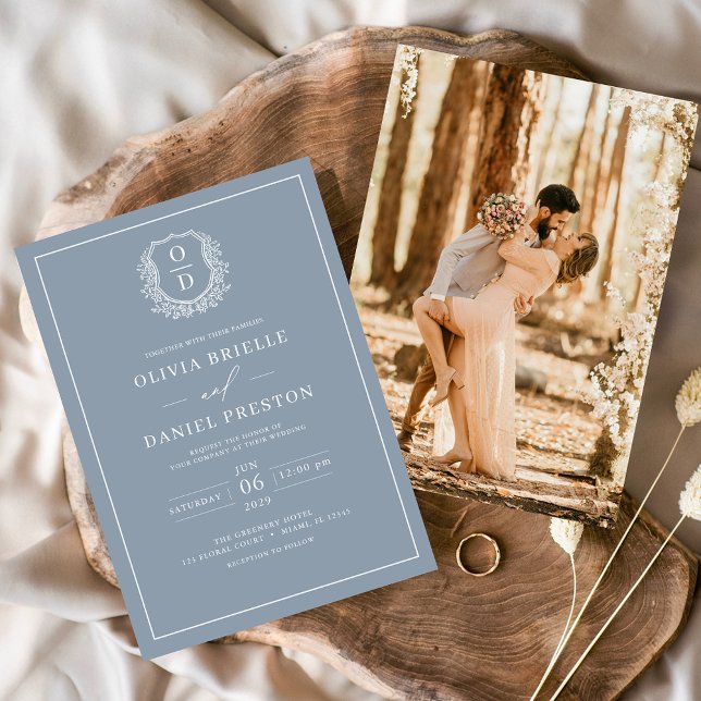 Convites Dusty Blue Leafy Crest Monograma Foto Casamento (Criador carregado)