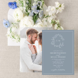 Convites Dusty Blue Leafy Crest Monograma Foto Casamento