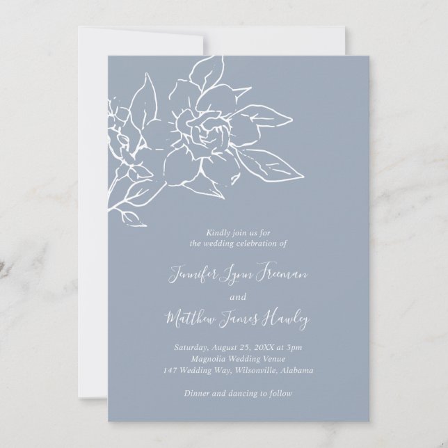 Convites Dusty Blue Line Art Floral Elegant Weding (Frente)