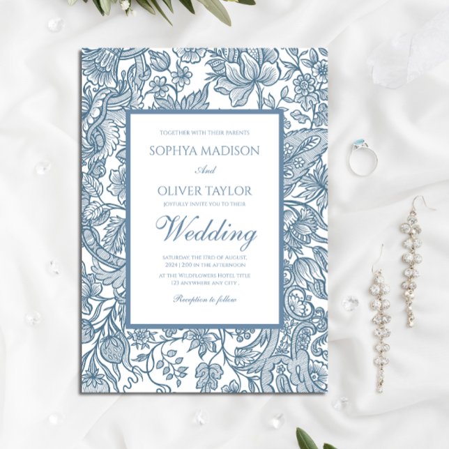 Convites Dusty Blue Line Art Selvagens Floral (Criador carregado)