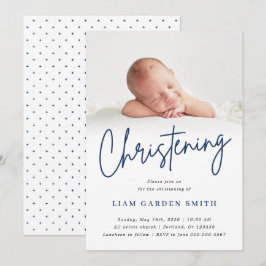Convites Dusty Blue Manuscrito Script Christening Boy