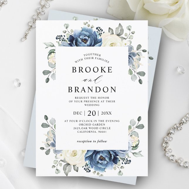 Convites Dusty Blue Marinho Champagne Ivory Floral Wedding  (Dusty blue Ivory floral wedding invitation)