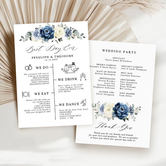 Convites Dusty Blue Marinho Champagne Programa de Casamento (Dusty Blue Navy Champagne Ivory Wedding Program card | Best day ever)