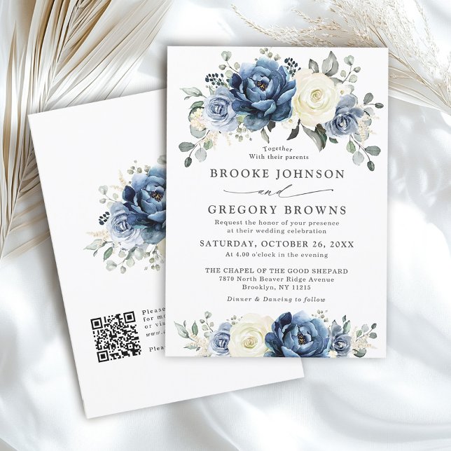 Convites Dusty Blue Marinho Ivory Floral Boho Casamento Cód (Dusty Blue Navy Ivory Floral Boho Wedding QR Code Invitation)