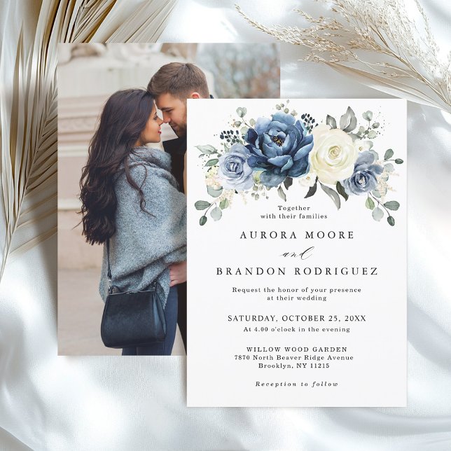 Convites Dusty Blue Marinho Ivory Floral Boho Casamento Cód (Dusty Blue Navy Ivory Floral Boho Wedding Photo back Invitation)