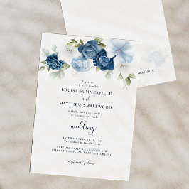 Convites Dusty Blue Marinho Script Floral Casamento